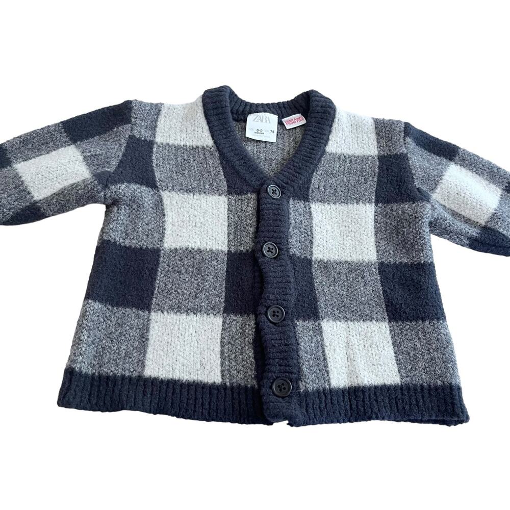 Zara boys gray white plaid cardigan sweater size 6-9 months